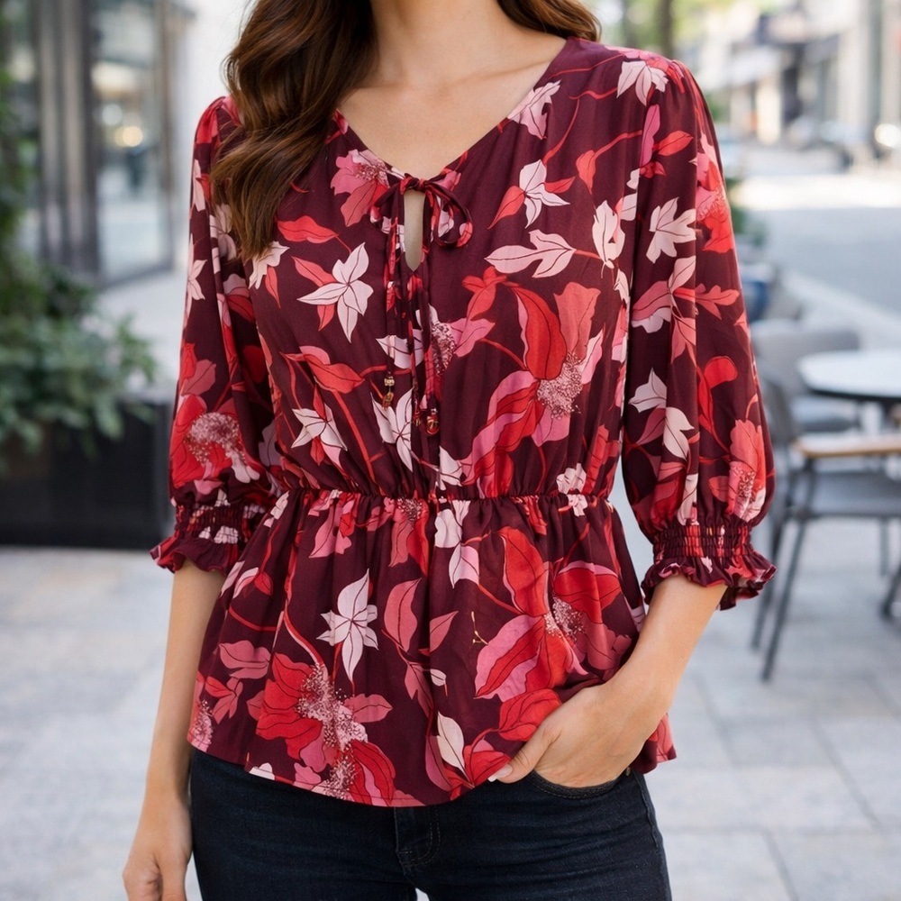 Hervé Bernard Floral Tie Neck Blouse Burgundy Pink 3/4 Sleeve NWT L
